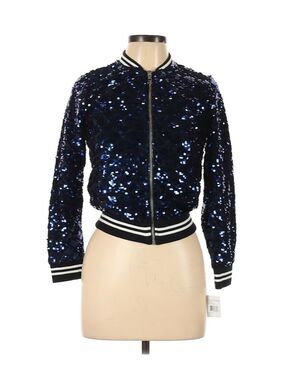 Urban Republic Sequined Front Full Zip Jacket Long Sleeve Cuff Black Blue Large